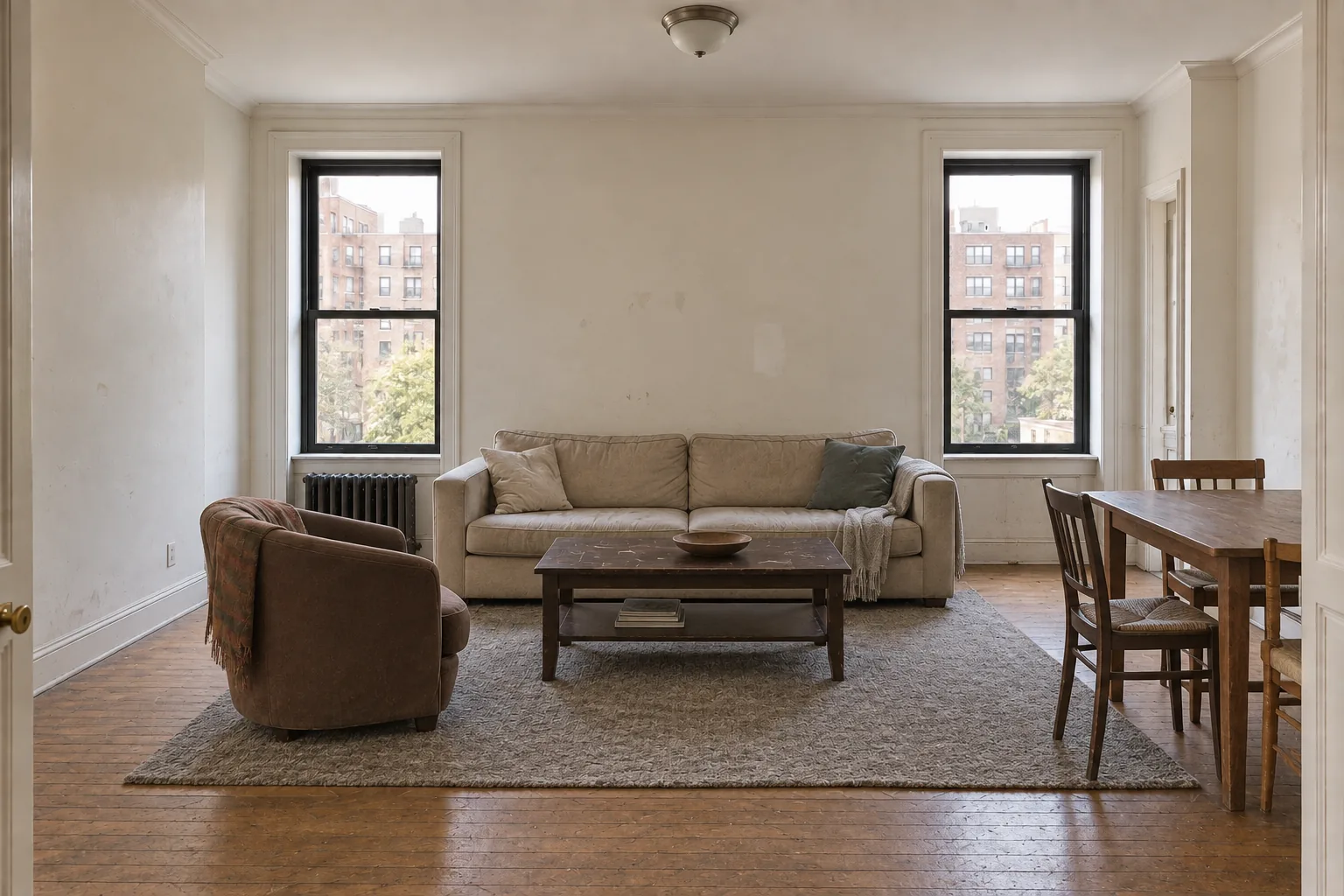 The same apartment concept before renovation, with worn paint and dated furnishings.
