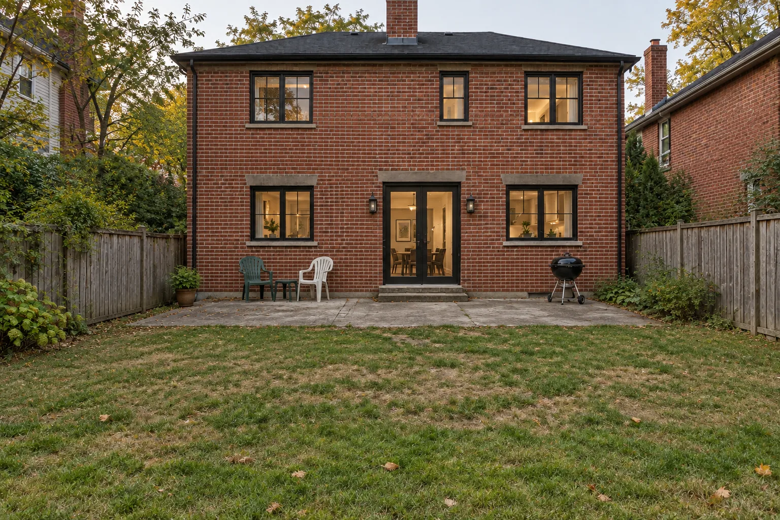 The same backyard visualization before deck construction, with a plain concrete patio, plastic chairs and patchy grass.