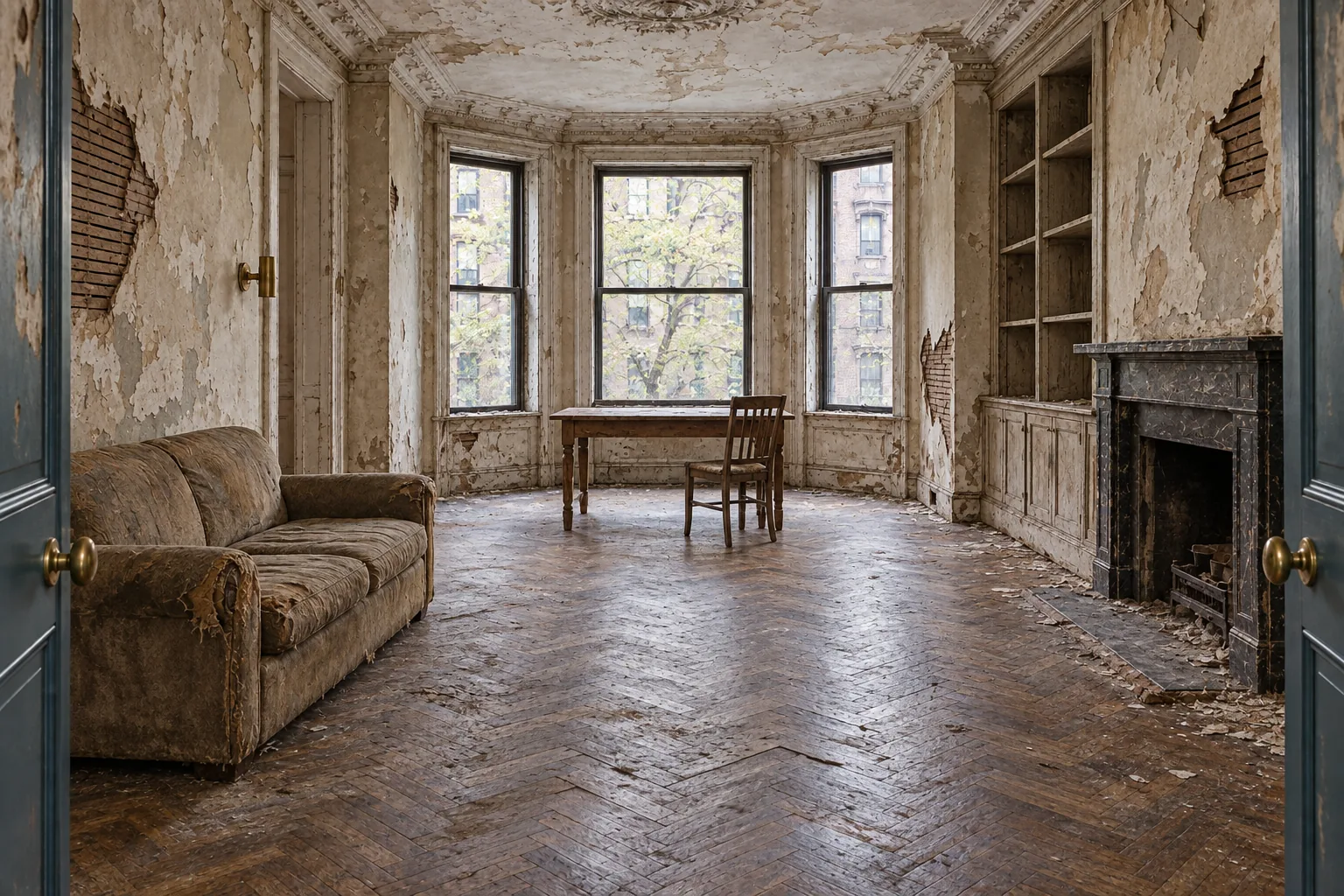 The same apartment visualization before restoration, with peeling paint, damaged plaster and worn wood flooring.